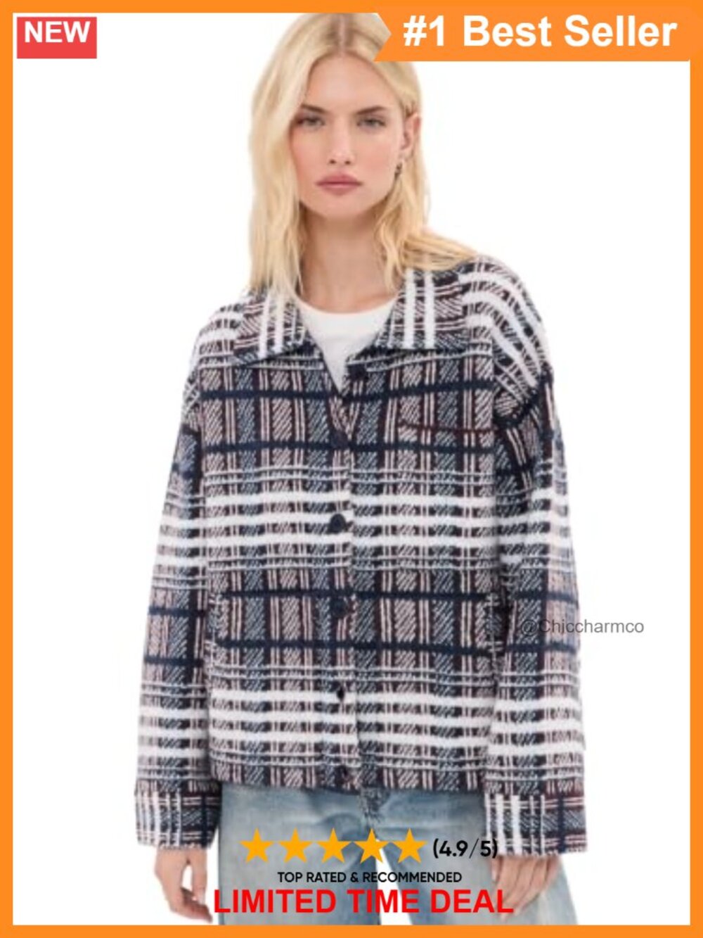 Oversized Plaid Shacket Brushed Knit Button Front Long Sleeve